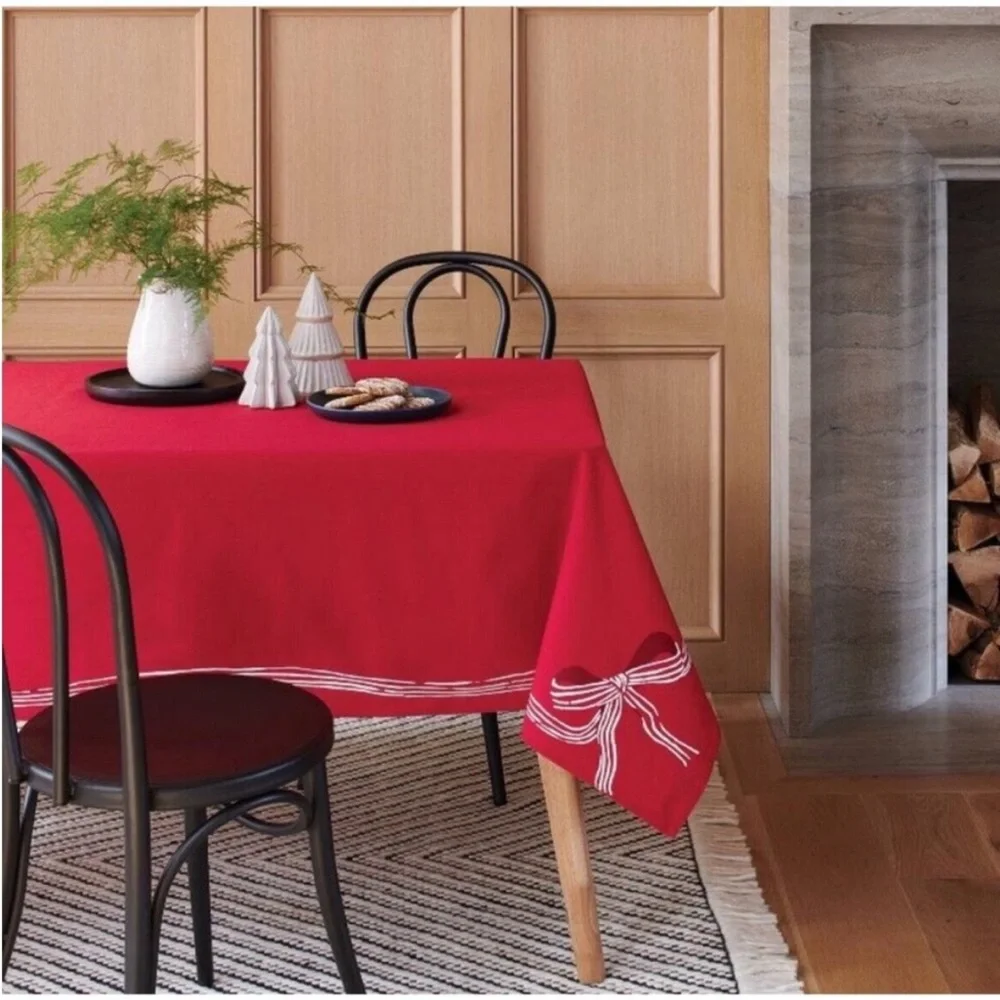Threshold Red Christmas Tablecloth White Bow Trim Holiday Rectangular 104x60